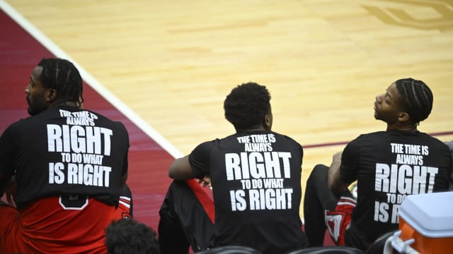 Members of the Chicago Bulls sit on the bench in the fourth quarter against the Cleveland Cavaliers at Rocket Mortgage FieldHouse.